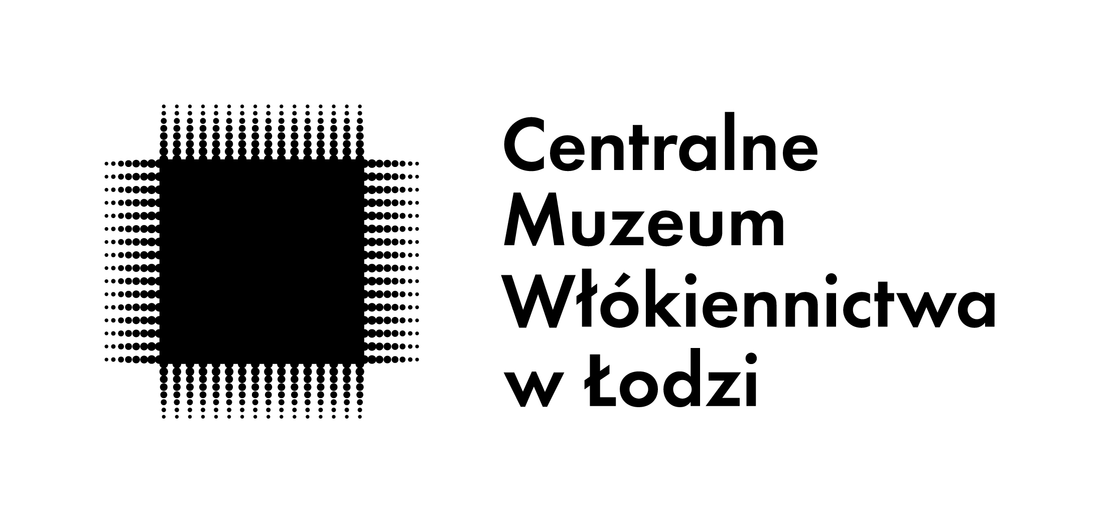 Logo Centralnego Muzeum Tkaniny w Łodzi, przedstawiające po lewej stronie czarny kwadrat z kropkowanymi krawędziami, a po prawej stronie nazwę w języku polskim, napisaną pogrubioną czarną czcionką.